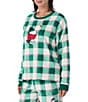 Peanuts Plaid Print Snoopy Applique Plush Long Sleeve Crew Neck Coordinating Pullover, Color:Green Plaid - Image 3