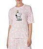 Color:Pink Print - Image 1 - Short Sleeve Round Neck Coordinating Snoopy Print Jersey Knit Sleep Shirt