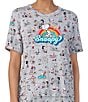 Color:Heather Grey Ground - Image 1 - Short Sleeve Round Neck Knit Snoopy Beach Printed Coordinating Sleep Top