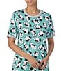 Color:Aqua/Print - Image 4 - Short Sleeve Round Neck Knit Snoopy Printed Coordinating Sleep Top