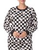 Peanuts Snoopy Checked Print French Terry Long Sleeve Round Neck Coordinating Sleep Top, Color:Black Checked - Image 4