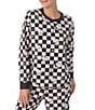Peanuts Snoopy Checked Print French Terry Long Sleeve Round Neck Coordinating Sleep Top, Color:Black Checked - Image 5