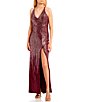 Color:Burgundy/Rose - Image 1 - Deep V-Neck Ombre Sequin X-Back High Slit Long Dress