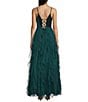 Color:Emerald - Image 2 - Deep V-Neck Sequin Lace-Up Back Corkscrew Ruffled Dress