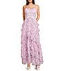 Pear Culture Floral Printed Mesh Strapless Sweetheart Neck Tiered Ruffled Ballgown - Image 1