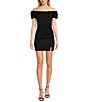 Color:Black - Image 1 - Off-The-Shoulder Puff Sleeve Ruched Side Slit Mini Dress