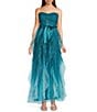 Pear Culture Ombre Glitter Mesh Strapless Illusion Corseted Tie Front Ruffled Maxi Dress - Image 1
