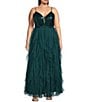 Color:Emerald - Image 1 - Plus Size Deep V-Neck Lace-Up Back Sequin Corkscrew Ruffled Dress