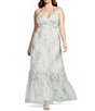 Pear Culture Plus Size Floral Printed Mesh V-Neck Ballgown - Image 1