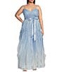 Color:Blue/Ivory - Image 1 - Plus Size Spaghetti Strap V-Neck Glitter Ombre Mesh Corkscrew Ball Gown