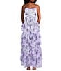 Pear Culture Printed Floral Mesh Strapless Corset Tiered Dress - Image 1