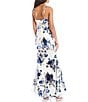 Color:White/Royal - Image 2 - Spaghetti Strap Inset Deep V-Neck Foil Floral Trumpet Dress