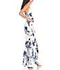 Color:White/Royal - Image 3 - Spaghetti Strap Inset Deep V-Neck Foil Floral Trumpet Dress