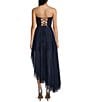 Pear Culture Strapless Lace-Up Back Asymmetrical Mesh Dress, Color:Navy - Image 2