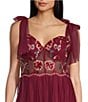 Color:Wine - Image 5 - Tie Sleeveless Embroidered Mesh Dress