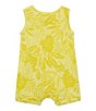 Color:Yellow - Image 2 - Baby 6-24 Months Tropical Leaf Print Embroidered Gauze Rolled Hem Button Front Shortall