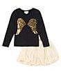 Color:Black - Image 2 - Little/Big Girls 2T-10 Long Sleeve Angel Wings Top & Blouson Skirt Set