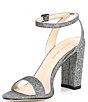 Color:Pewter - Image 4 - Brynn Shimmer Fabric Ankle Strap Block Heel Dress Sandals