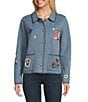 Pendleton Wool Blend Western Souvenir Accented Fold Down Collar Button Front Cardigan, Color:Denim Heather - Image 2