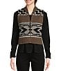 Color:Walnut Mix - Image 1 - Wool Geometric Print Shawl Collar Sleeveless Shetland Front Zip Vest