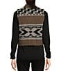 Color:Walnut Mix - Image 2 - Wool Geometric Print Shawl Collar Sleeveless Shetland Front Zip Vest
