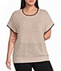 Perch Blu Pepper Plus Size Textured Knit Contrast Trim Round Neck Short Sleeve Sweater - Image 1