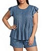 Perch by Blu Pepper Plus Round Neck Flutter Cap Sleeve Denim Top - Image 1