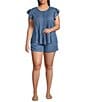 Perch by Blu Pepper Plus Round Neck Flutter Cap Sleeve Denim Top - Image 3
