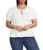 Perch by Blu Pepper Plus Size 3D Floral Embroidered Tie Front Round Neck Short Puff Sleeve Top - Image 1