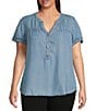 Blu Pepper Perch By Blu Pepper Plus Size Half Button Yoke Short Sleeve Blouse, Color:Chambray - Image 1