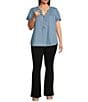 Blu Pepper Perch By Blu Pepper Plus Size Half Button Yoke Short Sleeve Blouse, Color:Chambray - Image 3
