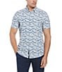Color:Bright White/Blue - Image 1 - Slim Fit Geometric Tile Print Short Sleeve Woven Shirt