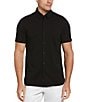 Color:Black - Image 1 - Slim Fit Solid Cotton Interlock Short Sleeve Woven Shirt