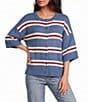 Petal & Pup Lilith Stripe Round Neck Short Sleeve Button Front Knit Sweater Top - Image 1