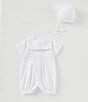 Color:White - Image 1 - Baby 3-12 Months Christening Romper & Bonnet Set