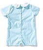 Petit Ami Baby Boys Short-Sleeve Smocked Pumpkin/Tractor-Motif Checked Romper, Color:Aqua - Image 2