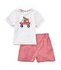 Color:Red - Image 1 - Baby Girls 12-24 Months Short-Sleeve Baseball-Motif T-Shirt & Checked Shorts Set