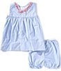 Petit Ami Baby Girls 3-24 Sleeveless Checked/American Flag Smocked Waist Fit-And-Flare Dress, Color:Blue - Image 2