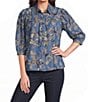 Intro Petite Size Floral Print Lyocell 3/4 Sleeve Button Front Placket Blouse - Image 1