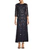 Pisarro Nights Beaded Sequin Boat Neck Illusion 3/4 Sleeve Gown | Dillard's