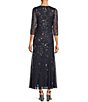 Pisarro Nights Beaded Sequin Boat Neck Illusion 3/4 Sleeve Gown | Dillard's