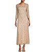 Color:Blush - Image 1 - Beaded Boat Neck 3/4 Sleeve Gown