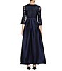 Color:Navy - Image 2 - Beaded Bodice Round Neck 3/4 Sleeve Belted Taffeta Skirt A-Line Gown