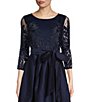 Color:Navy - Image 3 - Beaded Bodice Round Neck 3/4 Sleeve Belted Taffeta Skirt A-Line Gown