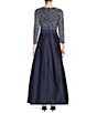 Color:Navy - Image 2 - Sequined Bodice 3/4 Sleeve Boat Neck Tie Waist Satin Ball Gown