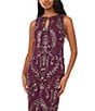 Pisarro Nights Beaded Mesh Crew Keyhole Neckline Sleeveless Sheath Midi Dress, Color:Plum - Image 4