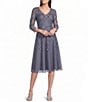 Pisarro Nights Beaded Mesh V-Neck 3/4 Sleeve A-Line Dress - Image 1