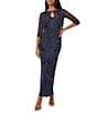 Pisarro Nights Beaded Mesh V-Neck 3/4 Sleeves Jacket Dress - Image 1
