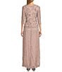 Color:Lilac - Image 2 - Intricate Beaded 3/4 Illusion Sleeve Round Neck A-Line Chiffon Skirted Dress