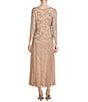 Color:Blush/Silver - Image 2 - Intricate Beaded 3/4 Illusion Sleeve Round Neck A-Line Chiffon Skirted Dress